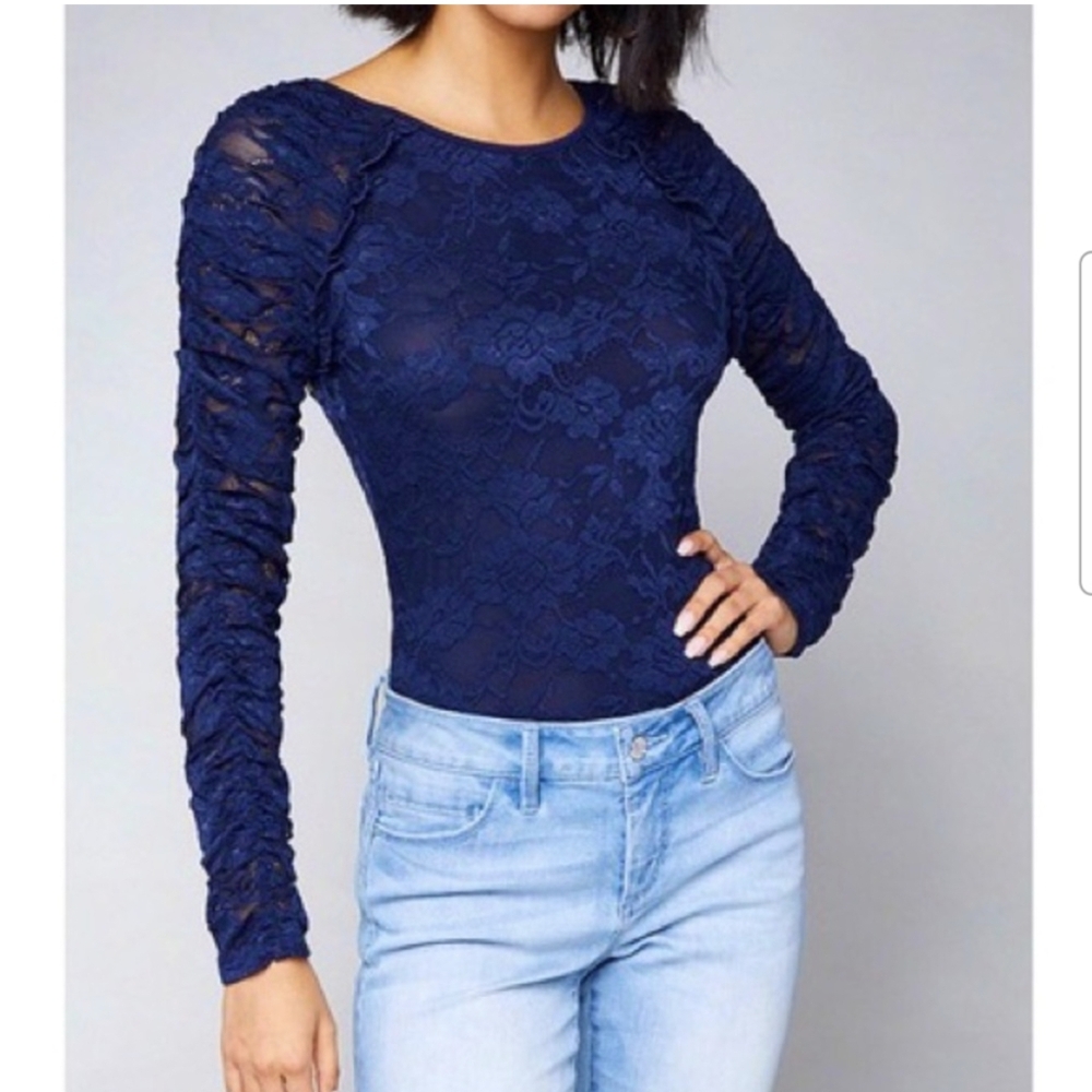 Bebe Roxy Blue Ruche Lace Long Sleeve Top - Size XXS